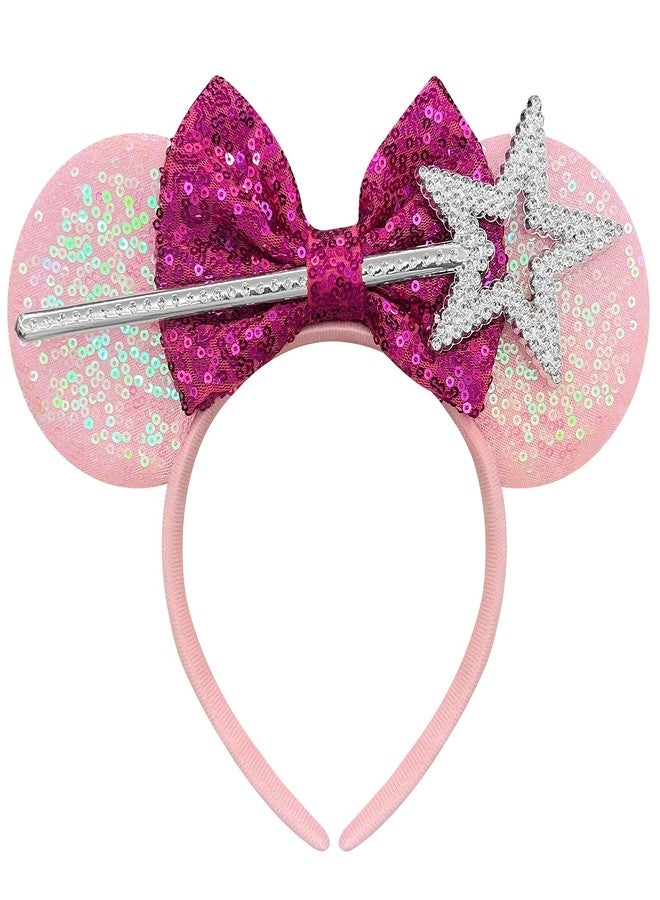 Bmobuo Cute Mouse Ears Headband for Women Sequin Pink Bows Park Ears Fairy Halloween Costume